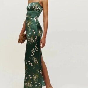 Reformation Frankie Silk Slip Maxi Green Floral Dress Buena - Size 0